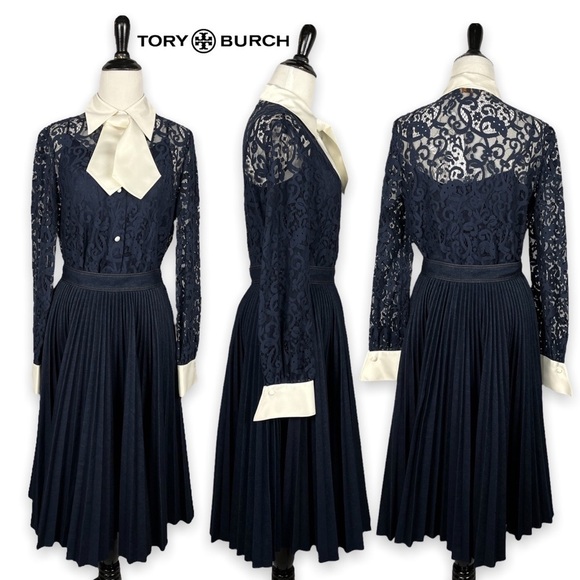 Tory Burch NWT navy lace blouse w/ ivory cuffs & collar with removable neck tie - Picture 8 of 16